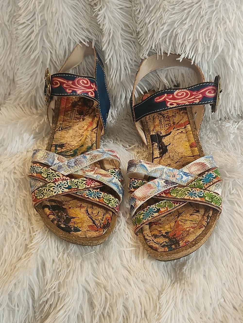 L\'ARTISTE BY SPRING STEP AUDRIE WEDGE SANDALS 41 Blue Scrappy Floral Flowers